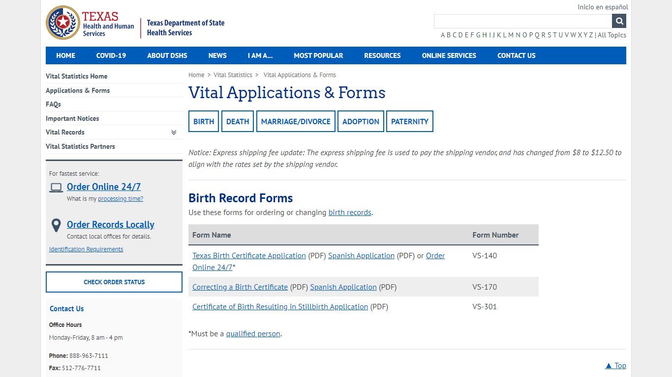 Vital Applications & Forms - Texas